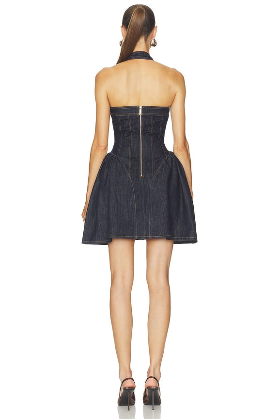 Indigo Denim Halterneck Flared Mini Dress