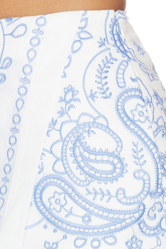 White And Blue Embroidered Linen Skort