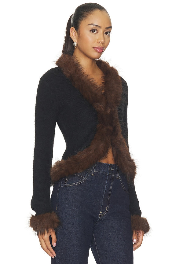 Black Faux Fur Knit Cardigan
