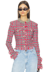 Red Check Frayed Knit Jacket
