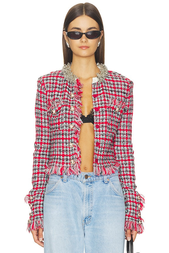 Red Check Frayed Knit Jacket