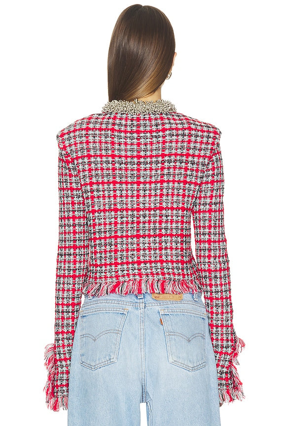 Red Check Frayed Knit Jacket