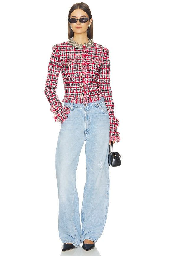 Red Check Frayed Knit Jacket