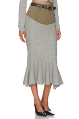 Grey Knit Khaki Denim Insert Midi Skirt