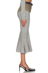 Grey Knit Khaki Denim Insert Midi Skirt