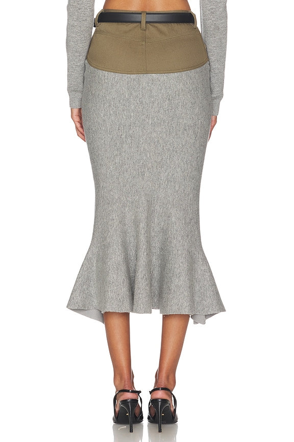 Grey Knit Khaki Denim Insert Midi Skirt