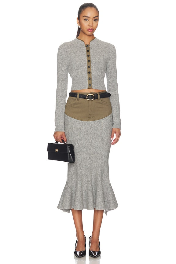 Grey Knit Khaki Denim Insert Midi Skirt