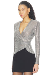 Grey Rhinestone Mesh Wrap Top