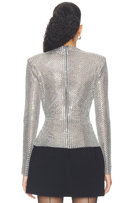 Grey Rhinestone Mesh Wrap Top