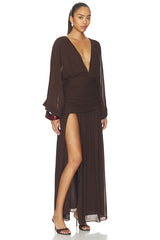 Amina Balloon Sleeve Plunged Maxi Dress