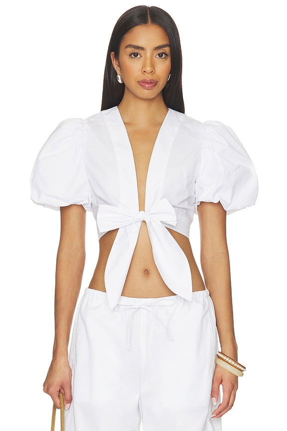 Poplin Bubble Sleeve Tie Front Top