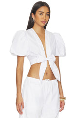 Poplin Bubble Sleeve Tie Front Top