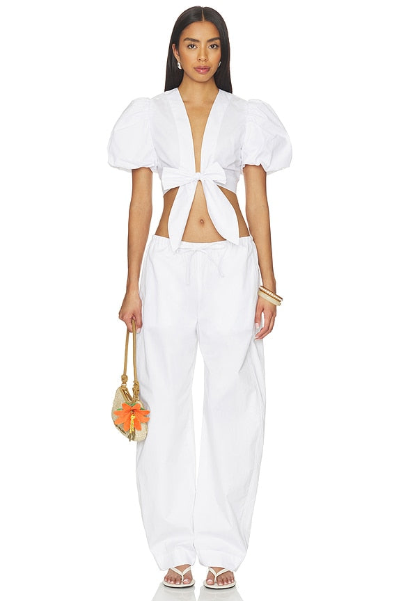 Poplin Bubble Sleeve Tie Front Top